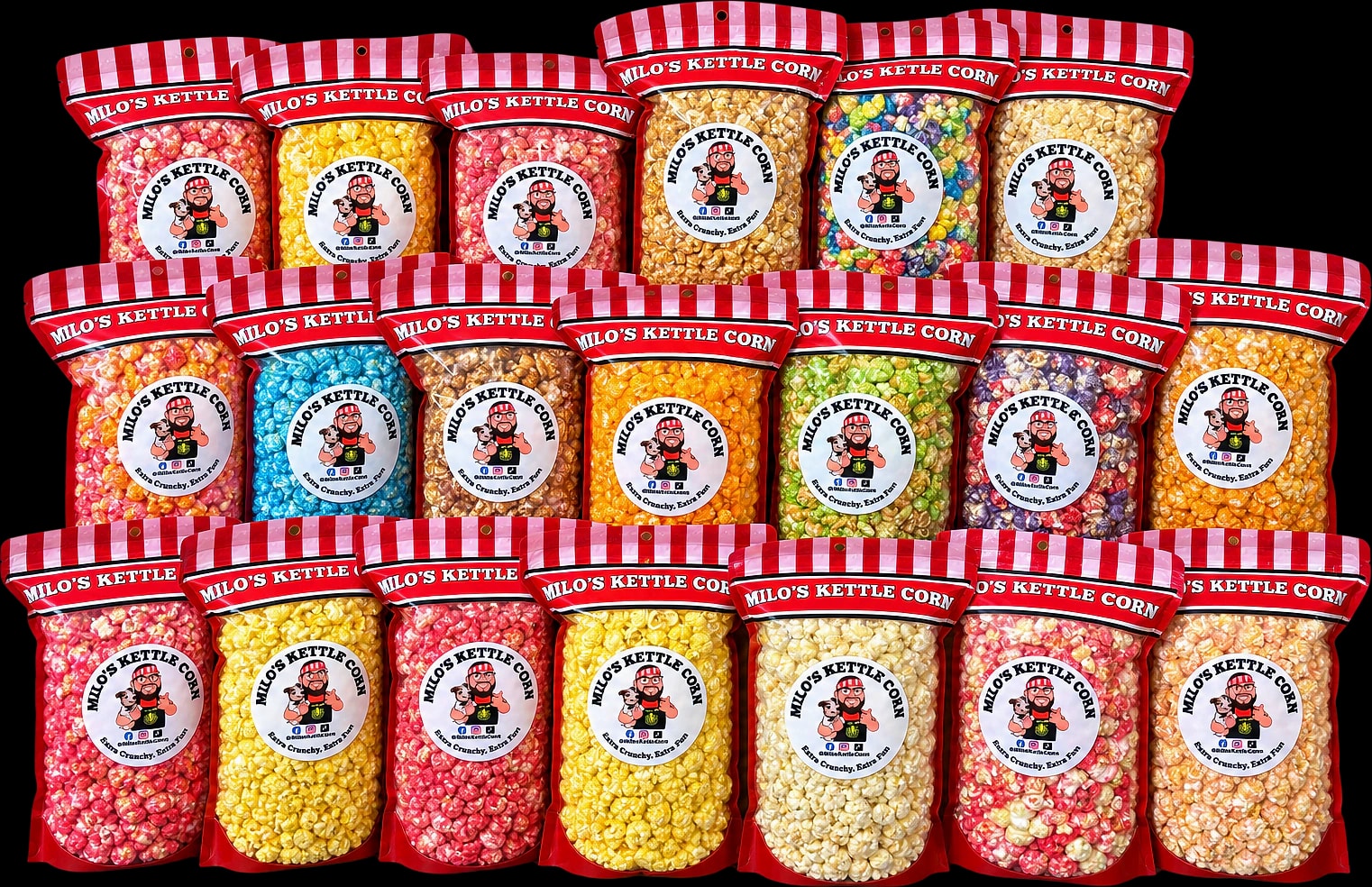 Twenty bags of Milo's Kettle Corn lined up in three rows, every color of the menu