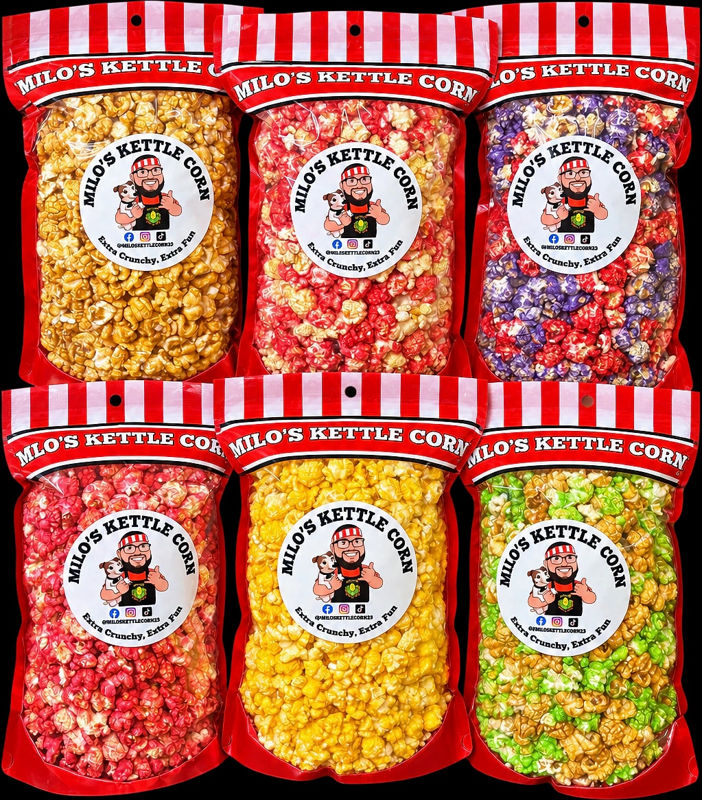 Six bags of Milo's Kettle Corn in six different flavors